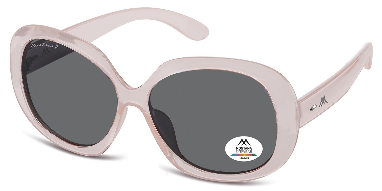 Sonnenbrille mit hellrosa Rahmen und grauen Gläsern. Montana Eyewear Logo und Polarisations-Zertifizierung auf dem Glas.
