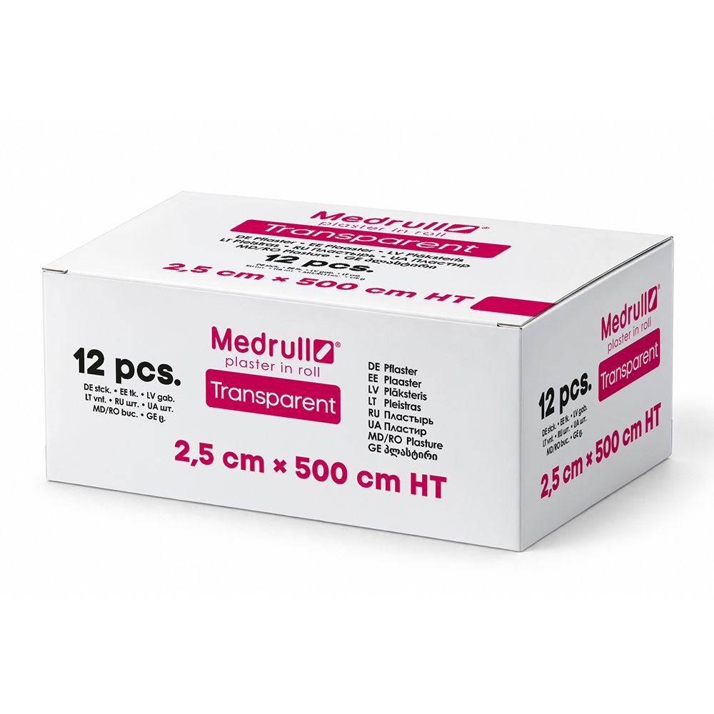 Medrull Transparent Pflasterrolle, 2,5cm x 500cm, 12 Stück im Karton.