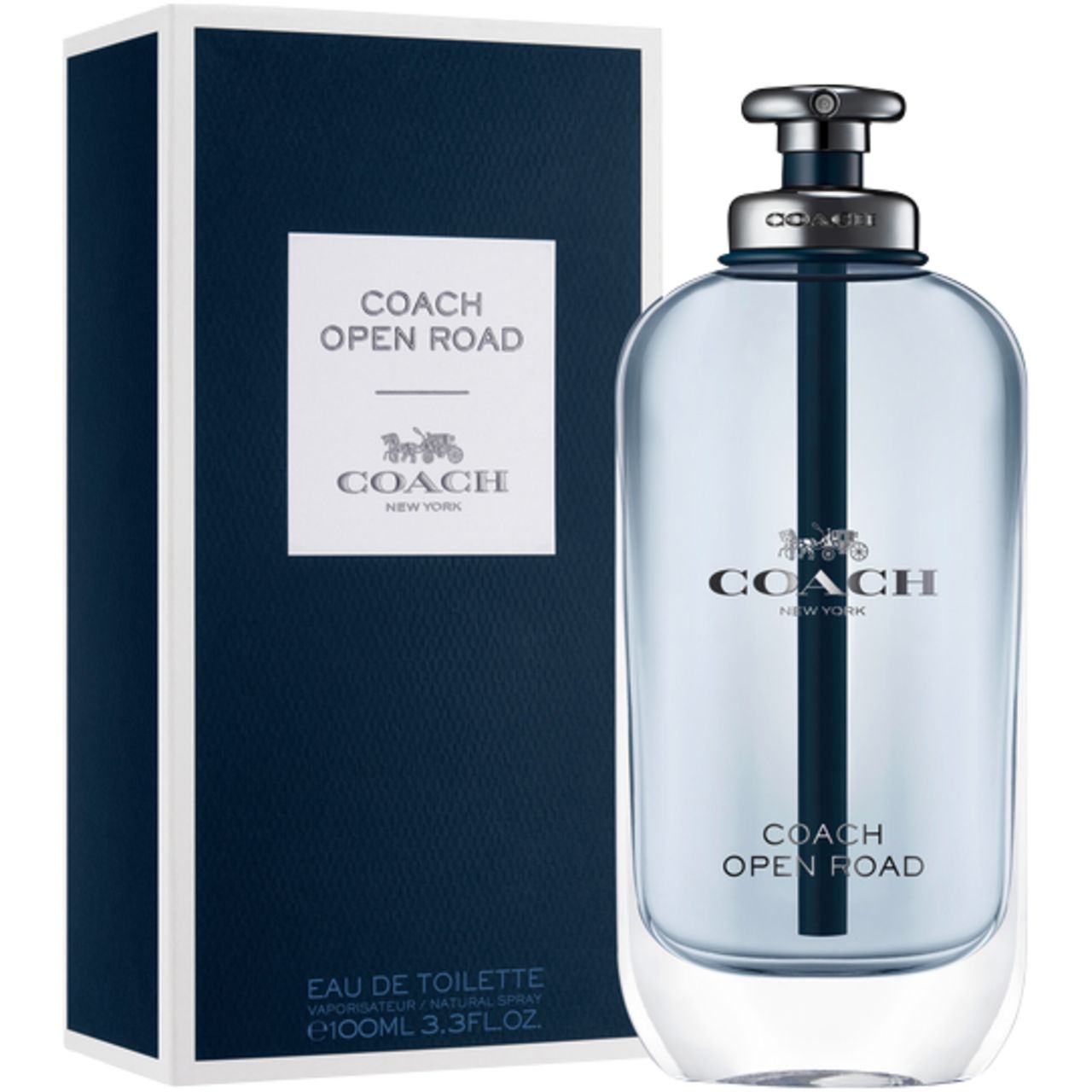 Coach Open Road EdT Nat. Spray und Verpackung. Flakon mit silbernem Verschluss. Blaue Verpackung mit Logo und Schriftzug.
