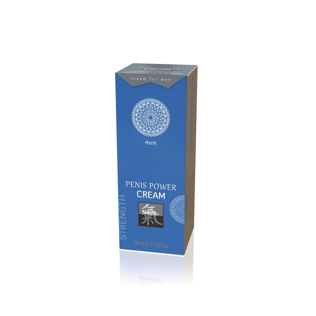Blaue Produktverpackung mit Text: PENIS POWER CREAM, Shiatsu, 30 ml. Aufschrift: cream for men, men, STRENGTH.