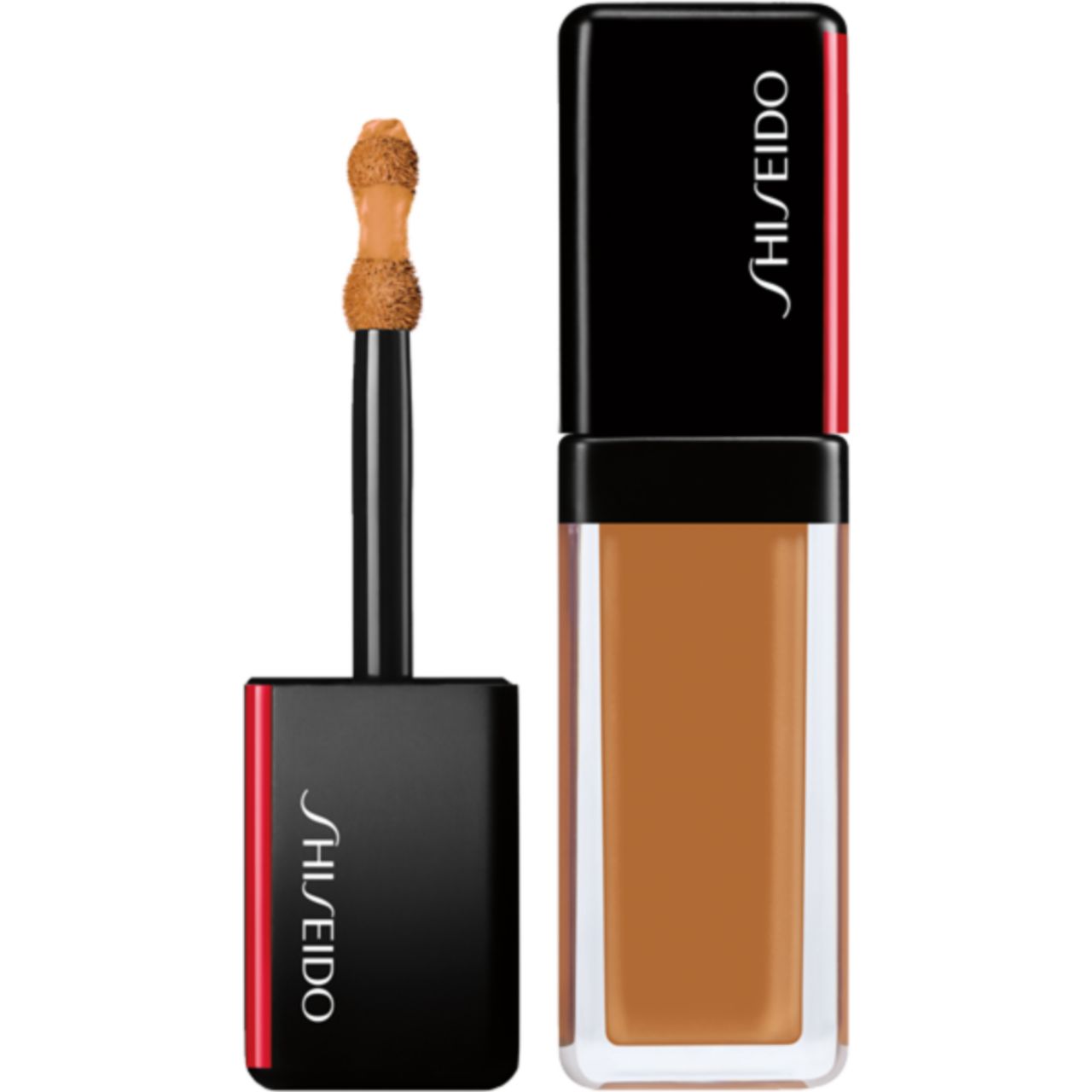 Behälter mit Concealer, geöffnet. Schwarzer Deckel mit rotem Akzent und Shiseido-Logo. Applikator sichtbar.