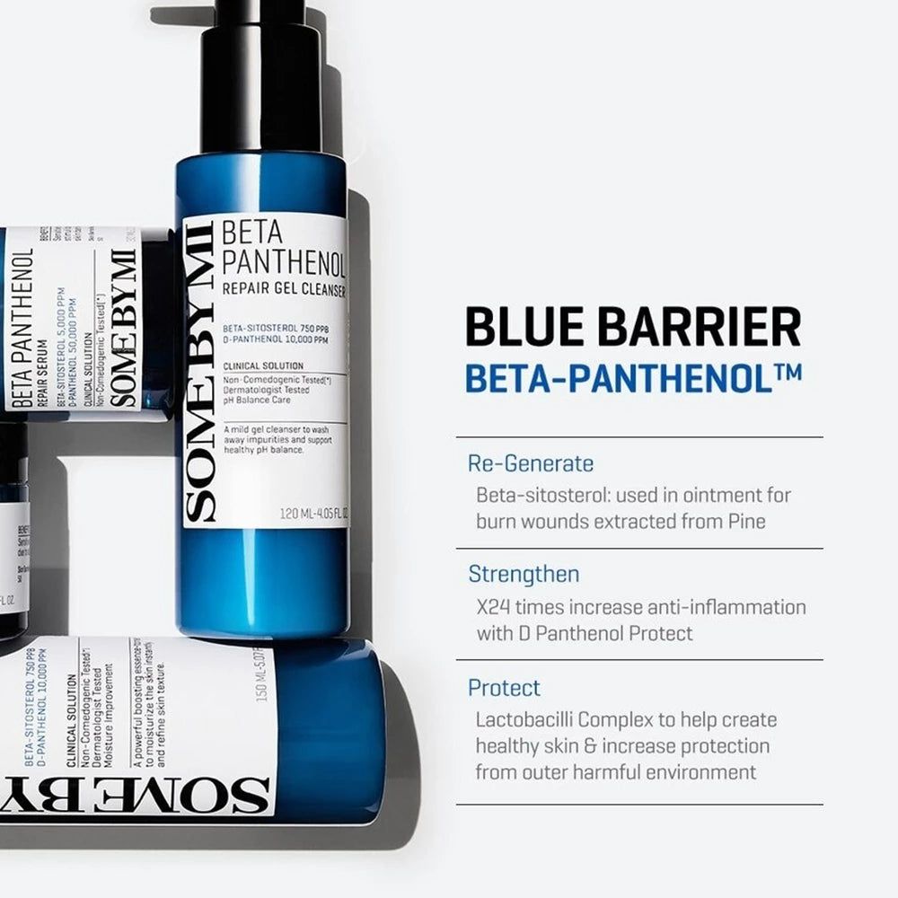 Blaue Flasche mit schwarzem Pumpkopf. Aufschrift: Beta Panthenol Repair Gel Cleanser. Marke: SOMEBYMI.