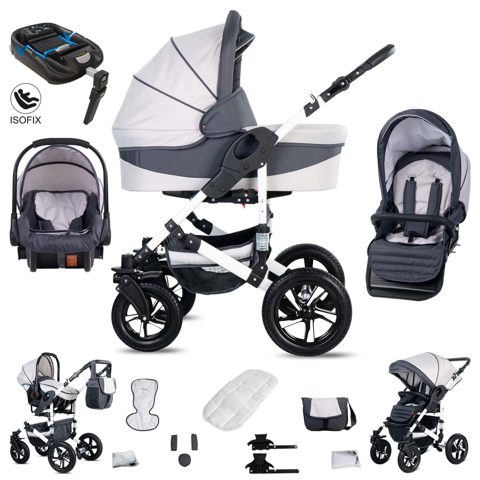 Friedrich Hugo Hamburg 4 in 1 Kinderwagen & Isofix Hartgummireifen, White & Grey