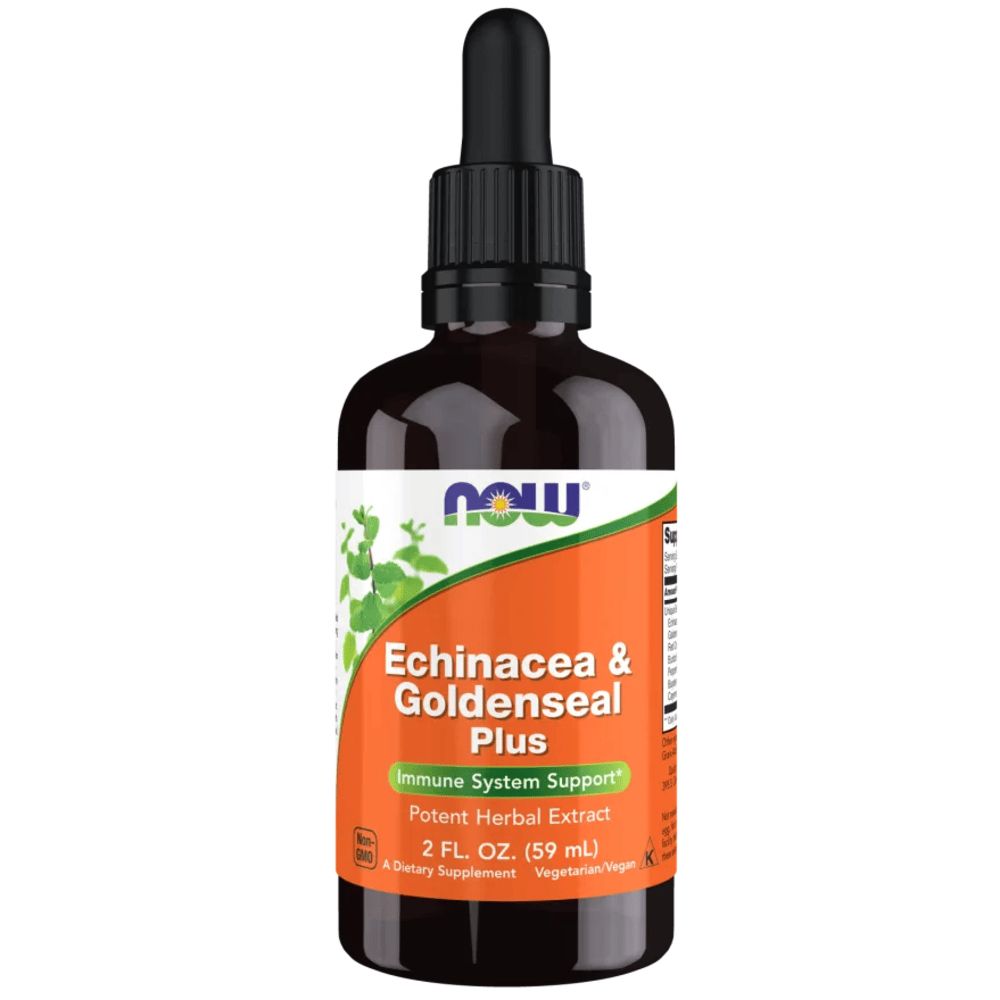Braune Glasflasche mit schwarzem Deckel und Pipette. Aufschrift: Echinacea & Goldenseal Plus, Immune System Support. 2 FL. OZ. (59 mL).