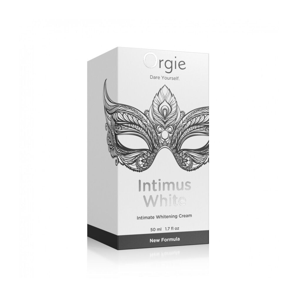 Orgie Intimus White Creme-Verpackung. Weißer Karton mit Masken-Design. Text: Intimus White, 50 ml, New Formula.