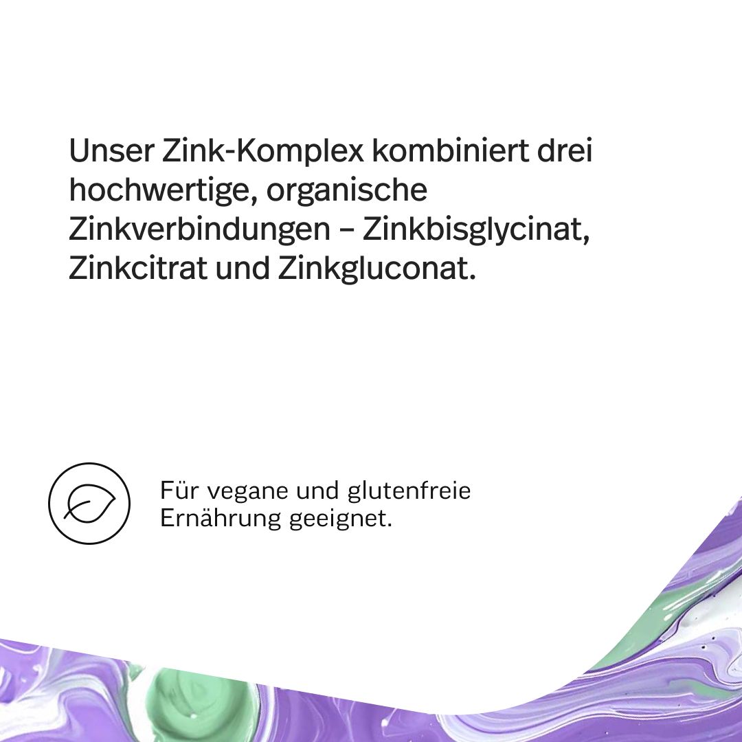 Text: Unser Zink-Komplex kombiniert drei hochwertige, organische Zinkverbindungen. Geeignet für vegane und glutenfreie Ernährung.