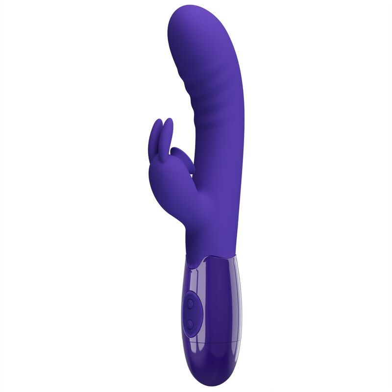Violett farbiger Vibrator mit Hasenohren-Design. Gebogene Form. Sicht von der Seite.
