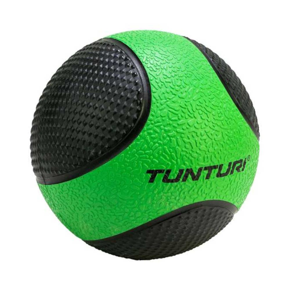 Grüner Medizinball mit schwarzen Elementen. Oberfläche strukturiert. Marke Tunturi.