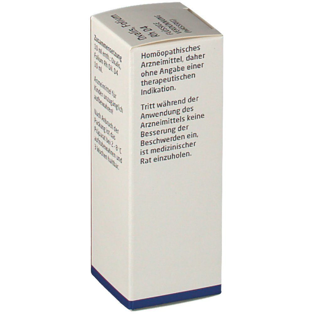 Weleda Oxalis Folium Rh D4. Weiße Faltschachtel. Seitenansicht mit Text. Homöopathisches Arzneimittel.