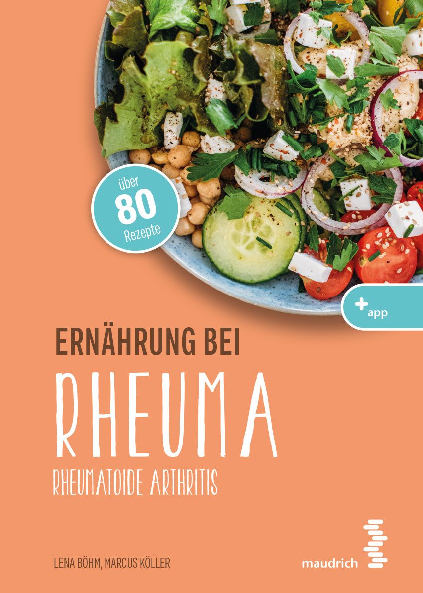 Buchcover mit Salat und Text. Titel: Ernährung bei Rheuma. Autor: L. Böhm, M. Köller. Verlag: maudrich. Enthält über 80 Rezepte.