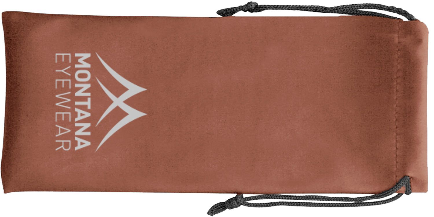 Braunes Etui mit Kordelzug. Aufgedrucktes Logo und Schriftzug "MONTANA EYEWEAR".