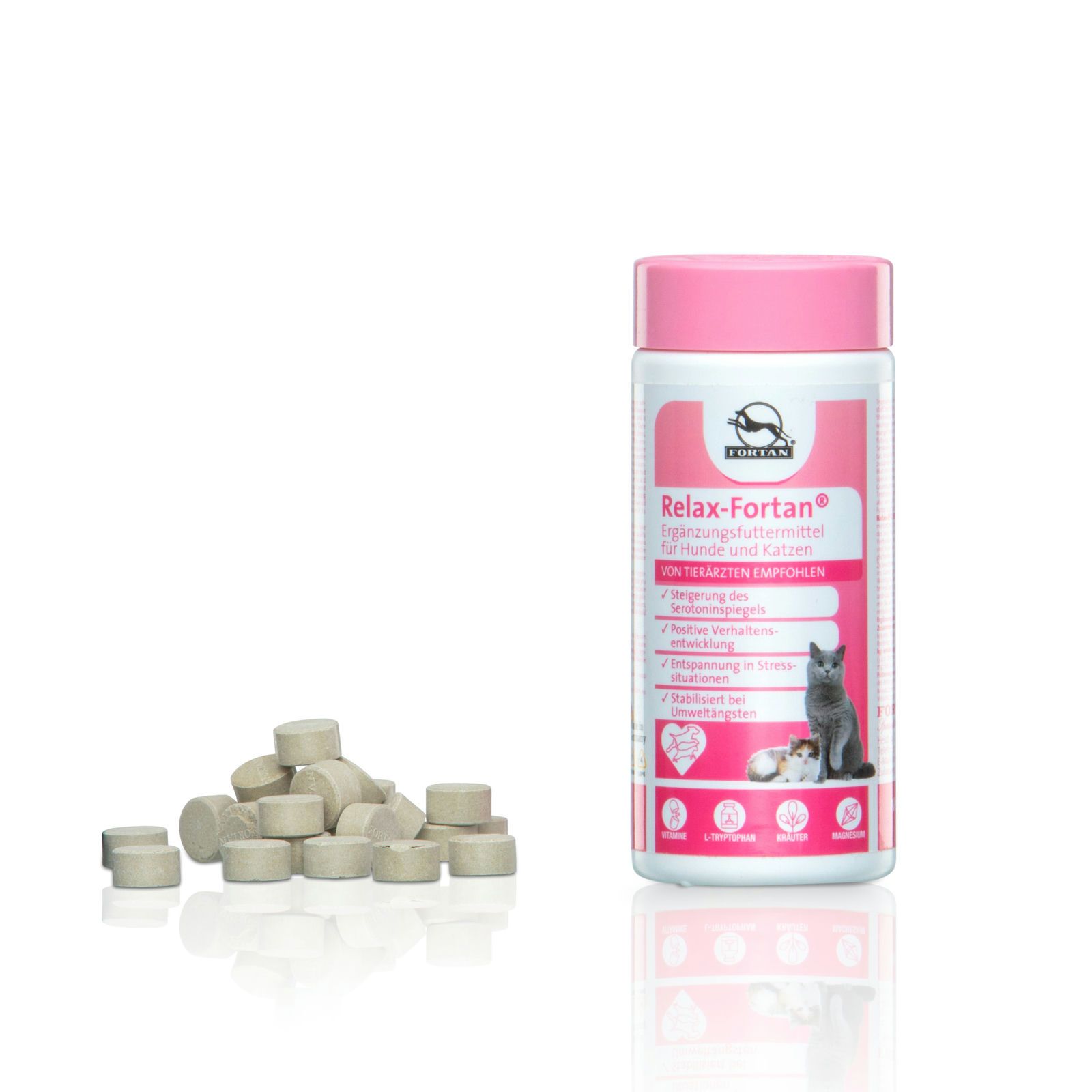 Tabletten neben Dose. Dose mit rosa Deckel und Etikett mit Produktname, Logo und Abbildung von Katze und Kätzchen. Empfohlen von Tierärzten.