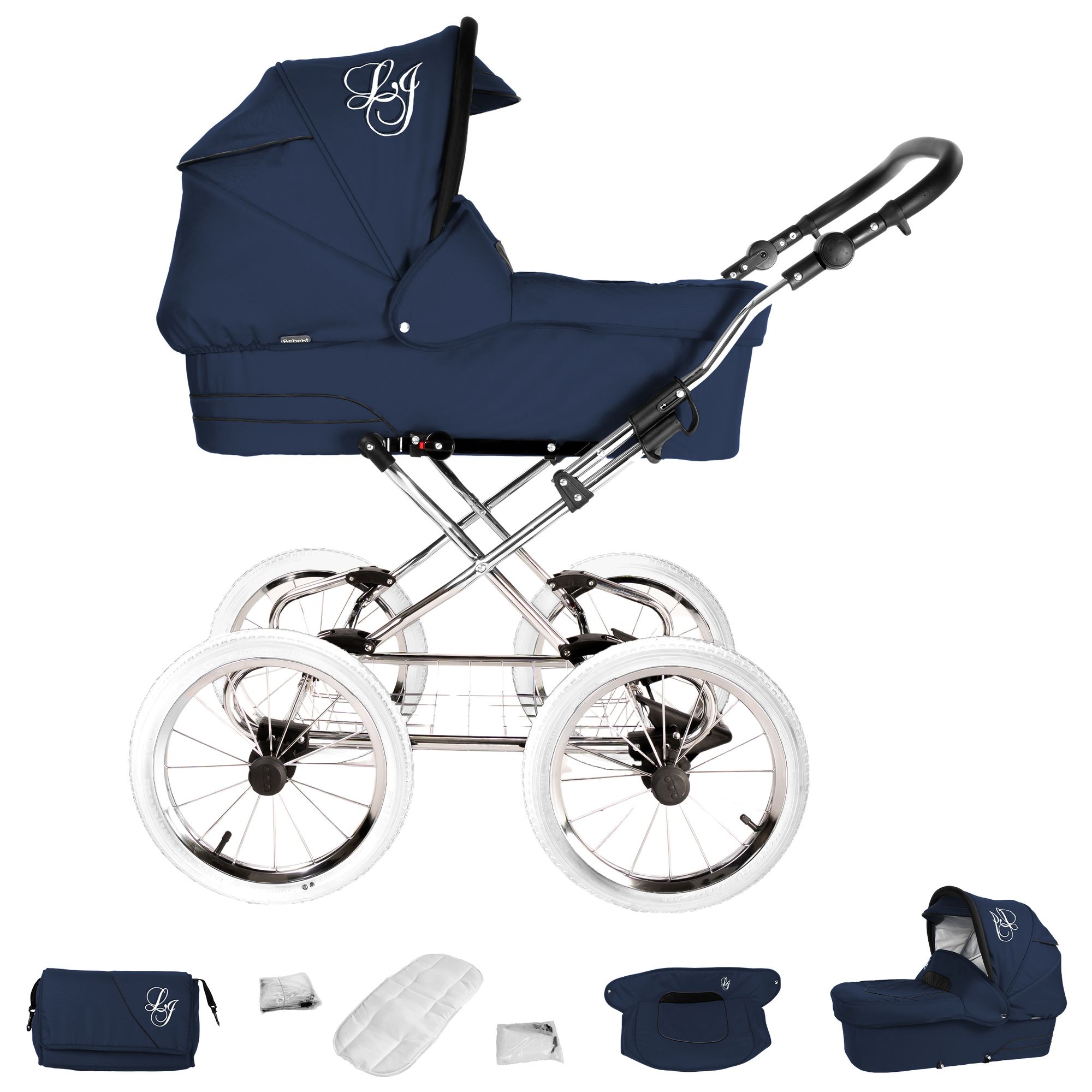 Blauer Kinderwagen mit weißem Gestell. Räder mit weißen Reifen. Zubehör: Tasche, Matratze, Verdeck. Logo auf Verdeck und Tasche.