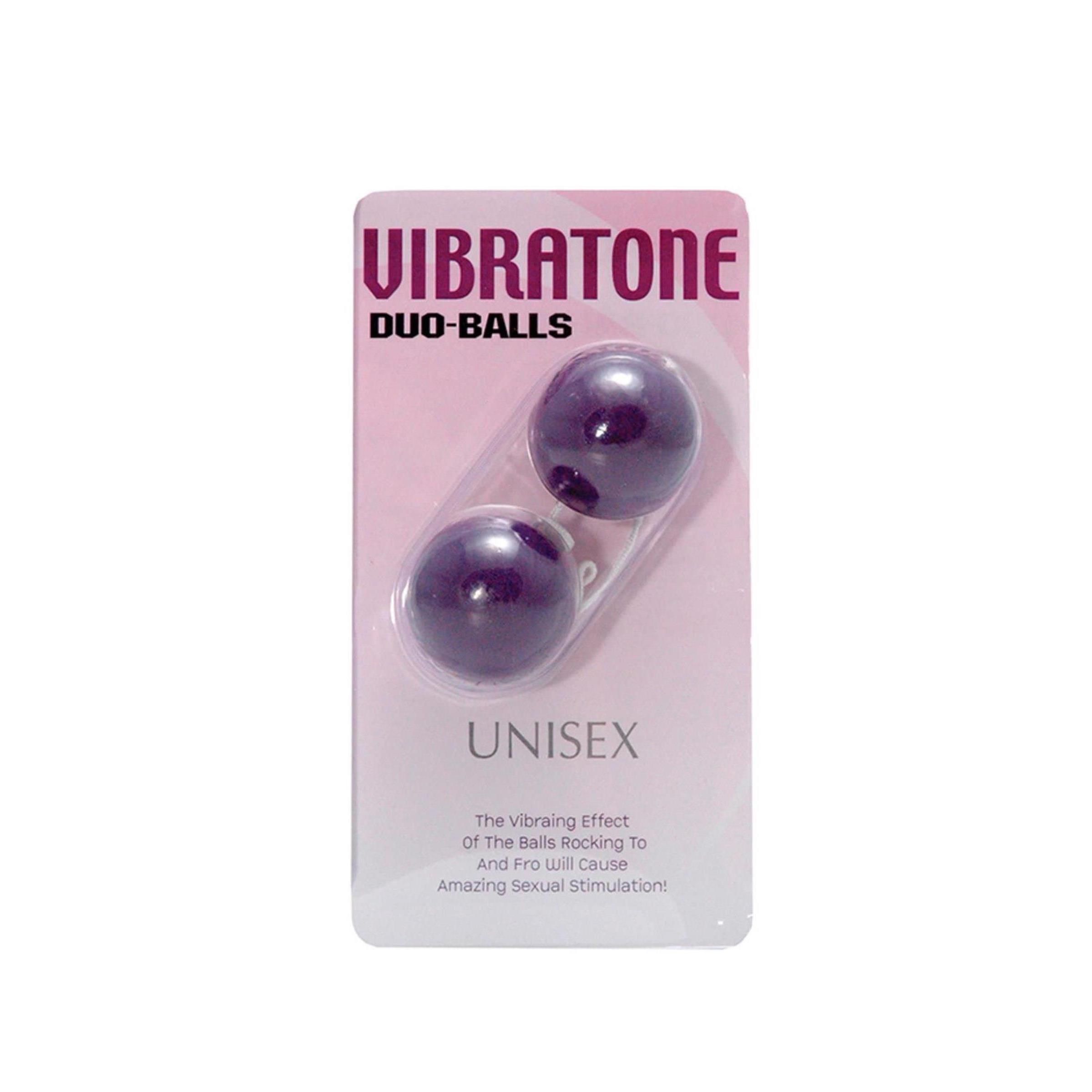 Verpackung mit zwei violetten Kugeln. Aufschrift: VIBRATONE DUO-BALLS. UNISEX.