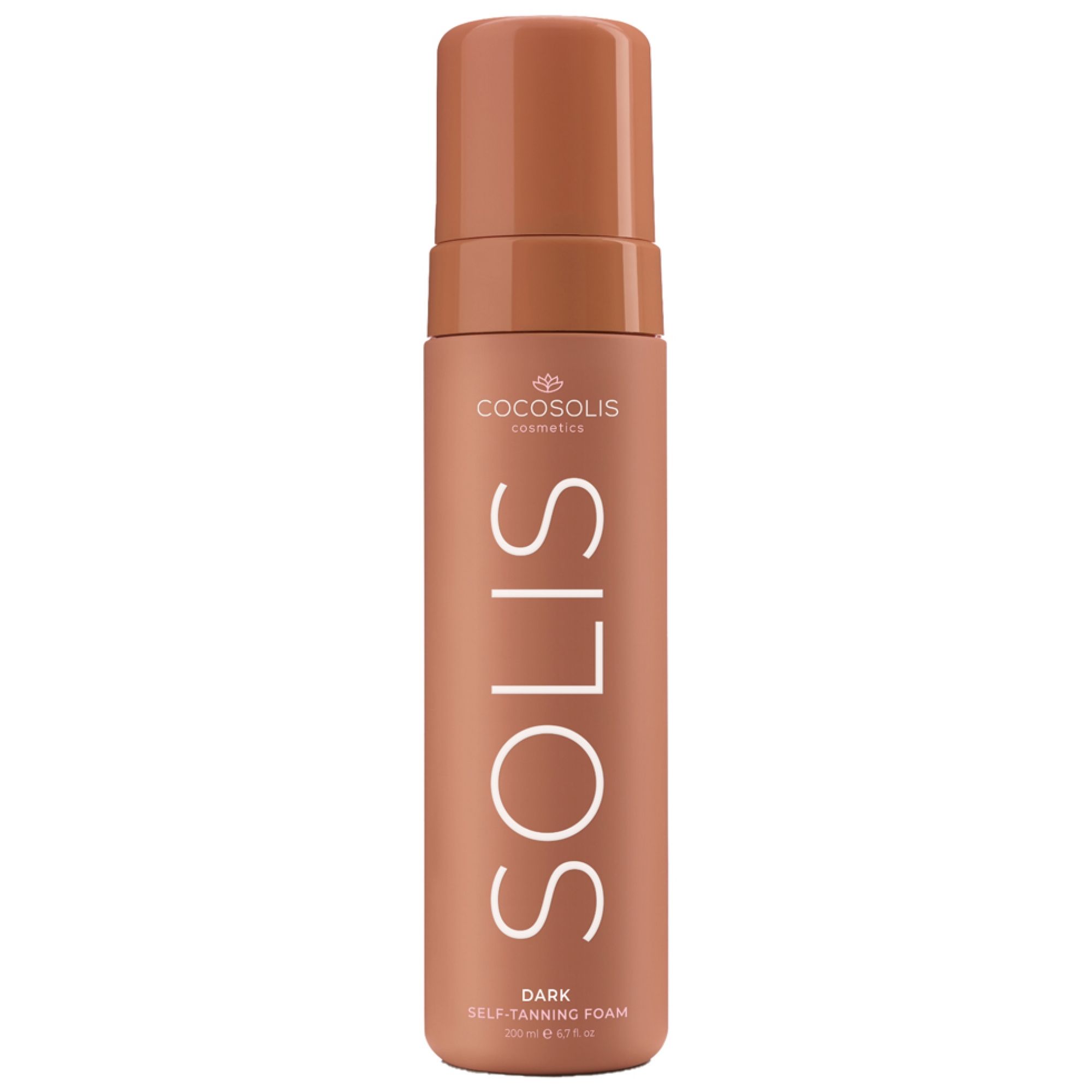 Braune Schaumflasche mit Pumpspender. Cocosolis Solis Dark Self-Tanning Foam, 150ml.