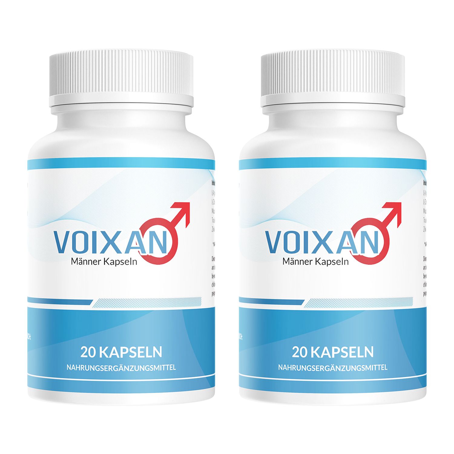 Zwei weiße Flaschen mit blauen und roten Akzenten. Aufschrift: VOIXAN, M

ner Kapseln, 20 Kapseln. Nahrungserg

zungsmittel. M

ner-Symbol.