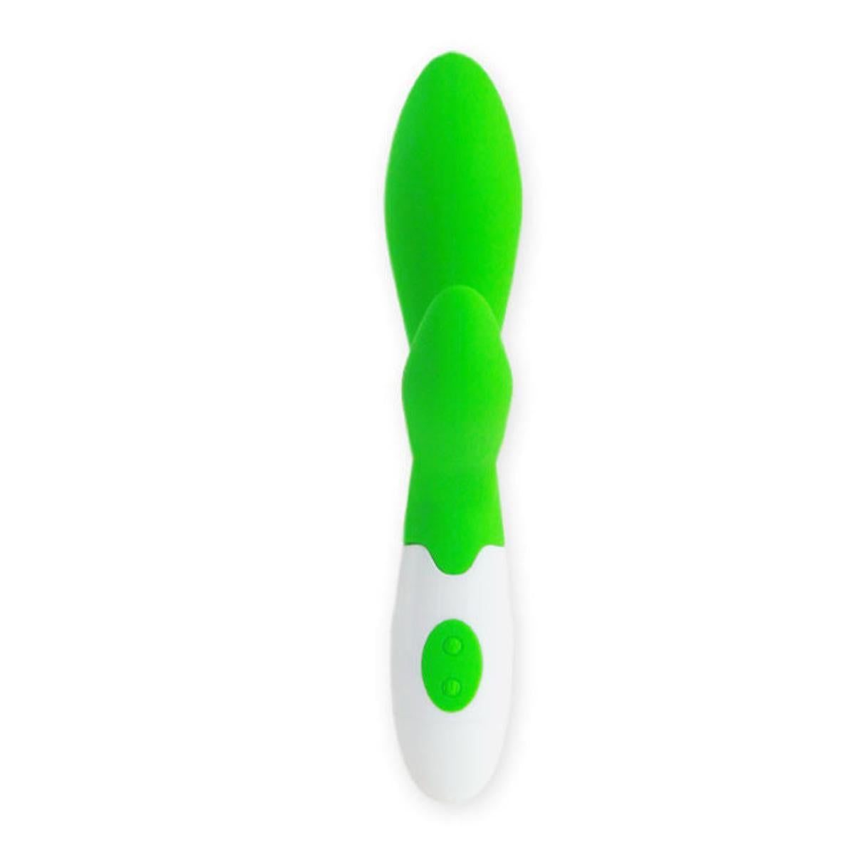 Rabbitvibrator, grün und weiß. Zwei Ohren, weißer Griff mit grünen Knöpfen.