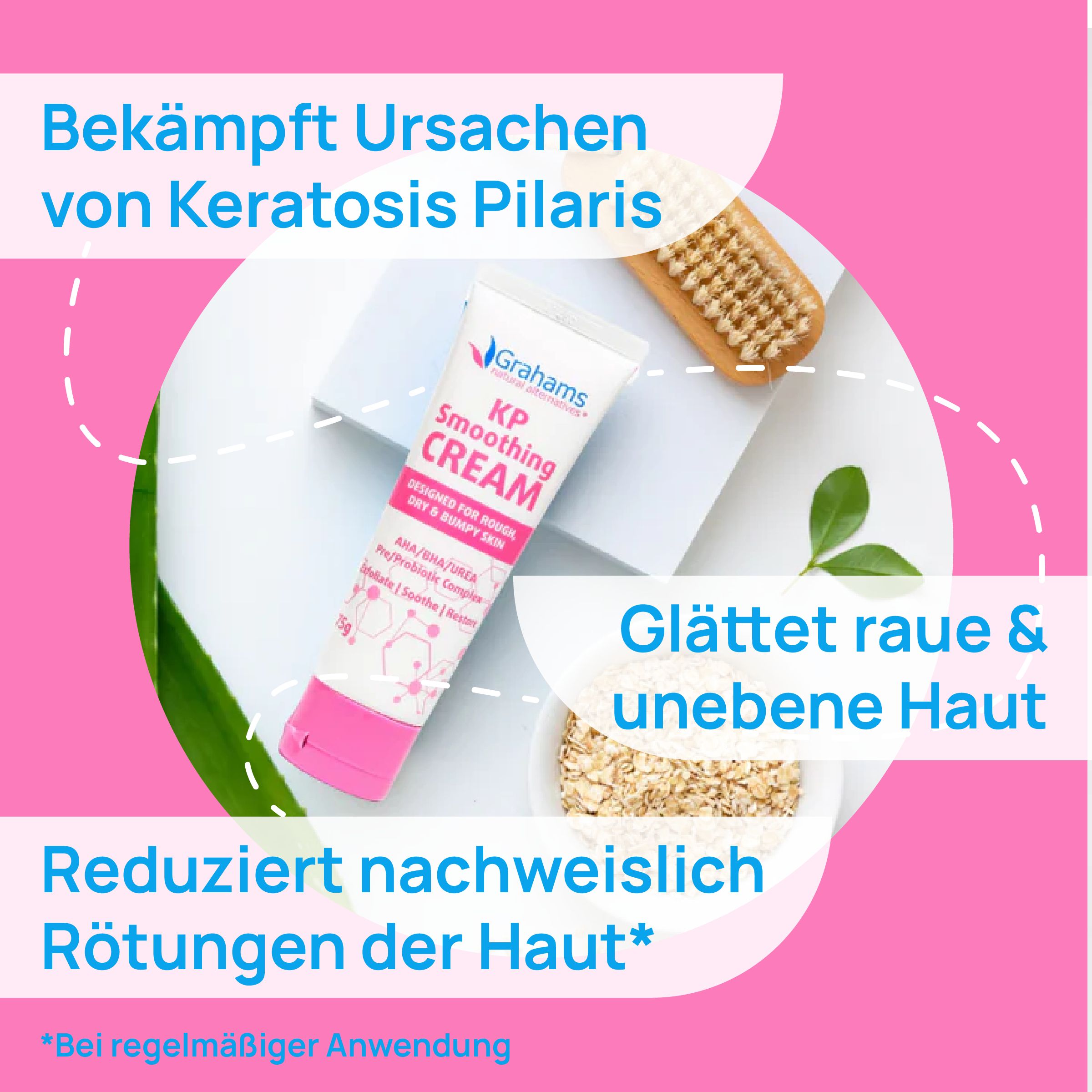 Rosa Hintergrund mit Grahams KP Smoothing Cream, Haferflocken und Bürste. Text: Glättet raue Haut.
