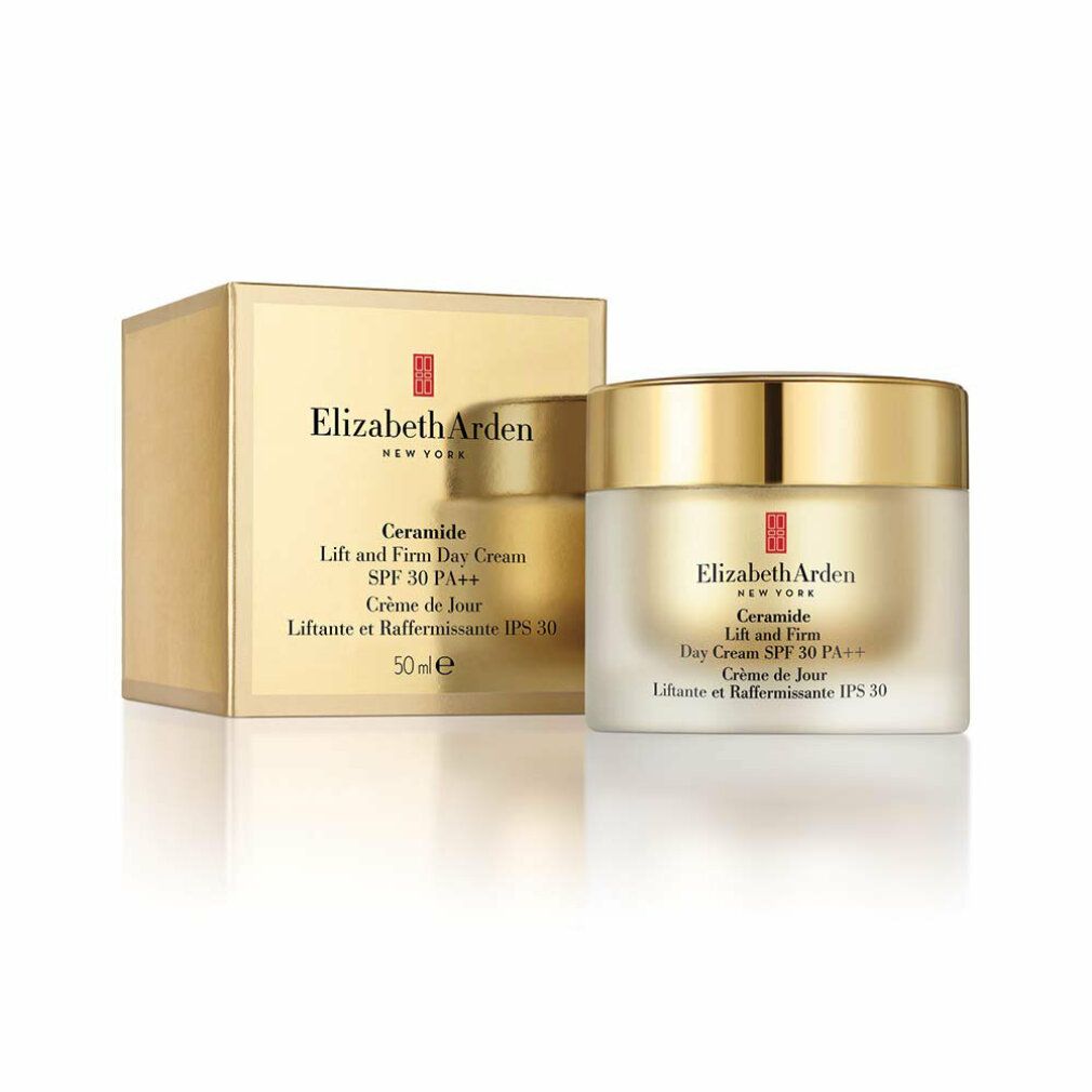 Creme-Glas und Schachtel. Aufschrift: Elizabeth Arden, Ceramide, Lift and Firm Day Cream SPF 30 PA ++, 50ml.