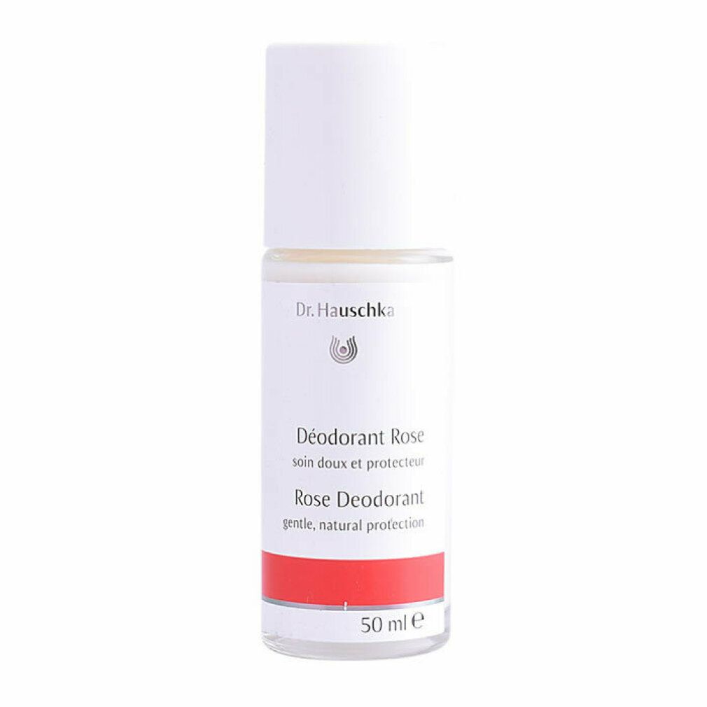Deodorant-Roller mit weißem Deckel. Aufschrift: Dr. Hauschka, Déodorant Rose, Rose Deodorant. Roter Streifen. 50 ml.