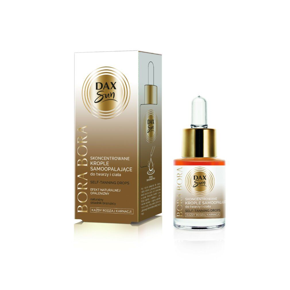 Produktverpackung und Flasche mit Dax Sun Selbstbräunungstropfen. Goldfarbene Kappe, klare Pipette, Produktname und Logo sichtbar.