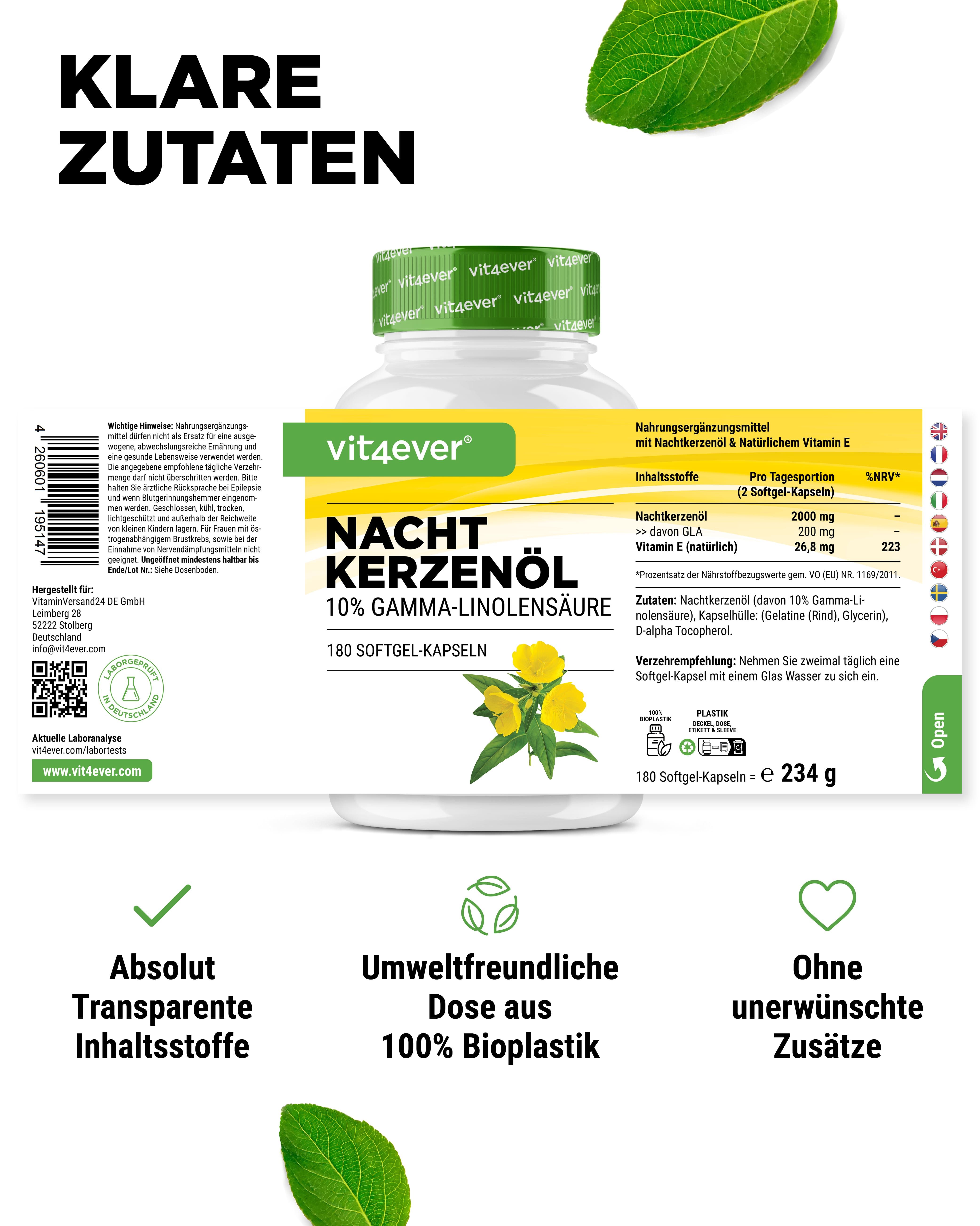 Flasche Nachtkerzenöl mit Etikett. Aufschrift: Nachtkerzenöl, 10% Gamma-Linolensäure, 180 Softgel-Kapseln. Text: Klare Zutaten.