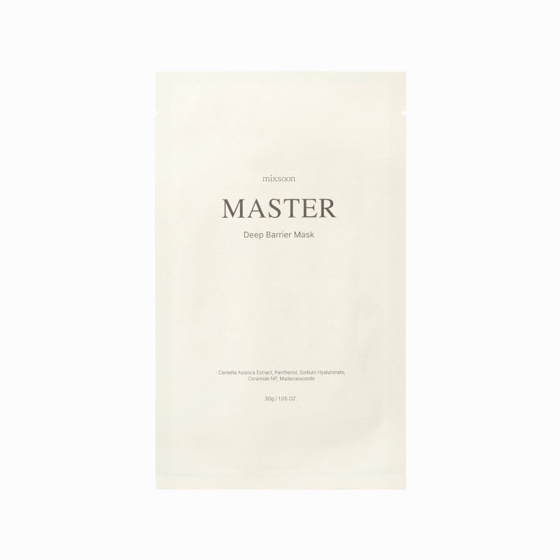 Beutel mit Produktnamen MASTER Deep Barrier Mask. Text: mixsoon, Inhaltsstoffe. Creme-farbener Hintergrund.