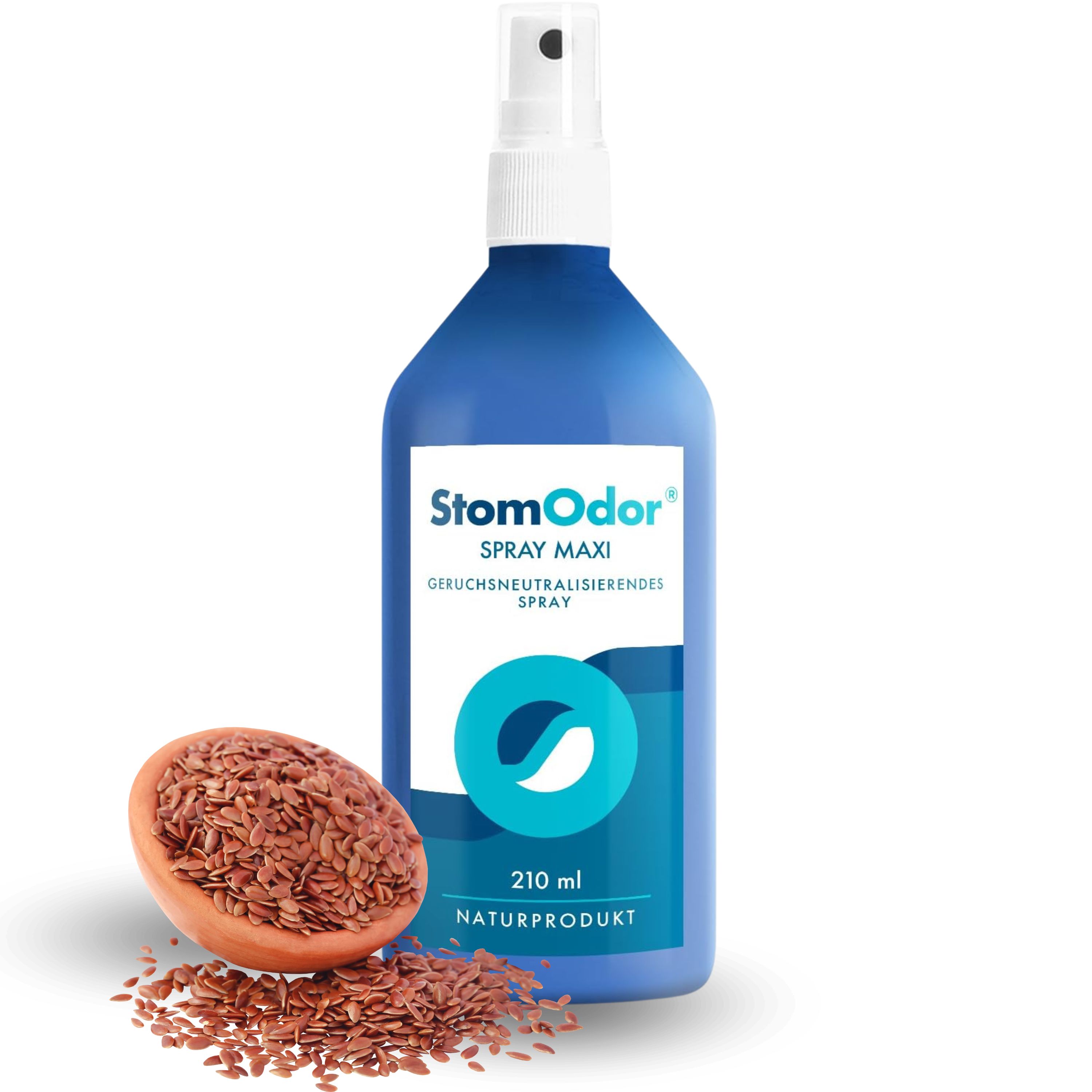 Blaue Flasche mit Sprühkopf. Aufschrift: StomOdor Spray Maxi. Daneben Leinsamen in Schale und verstreut.