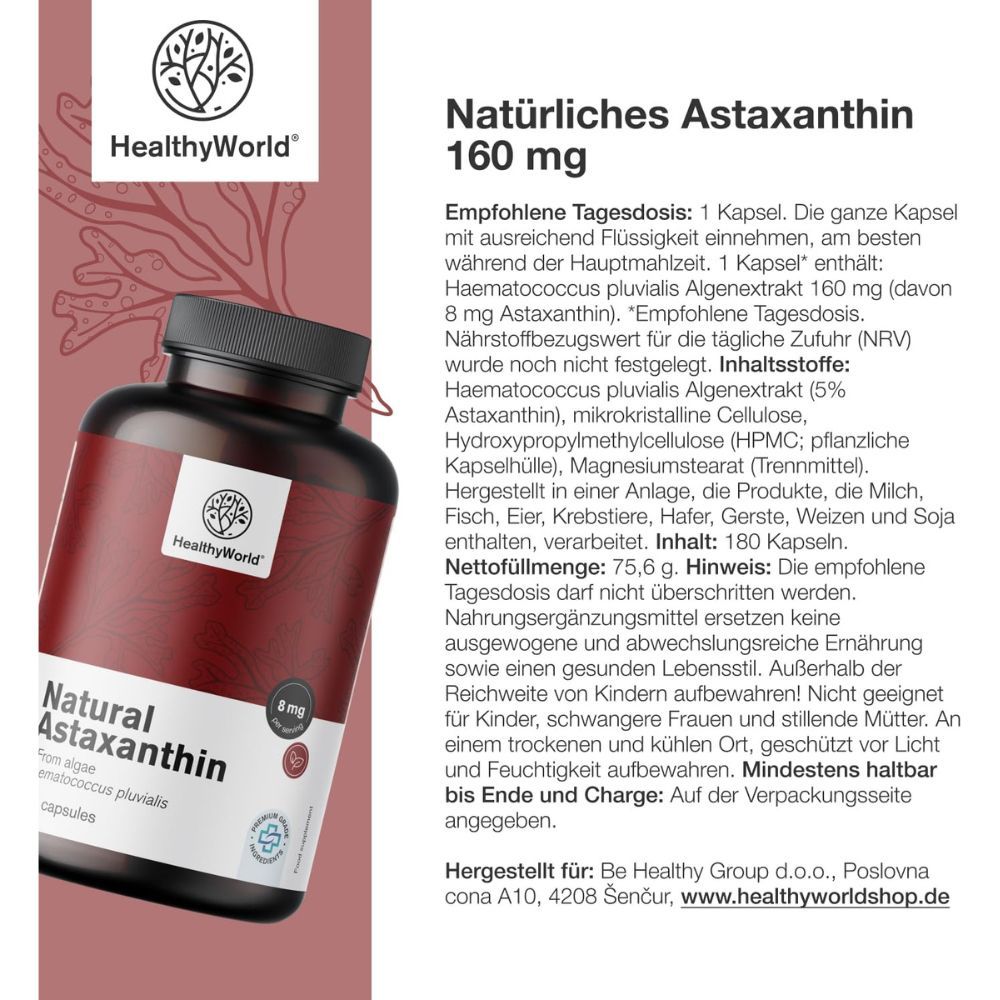 Flasche mit Kapseln. Text: Natürliches Astaxanthin 160 mg, 180 Kapseln. Marke: HealthyWorld.