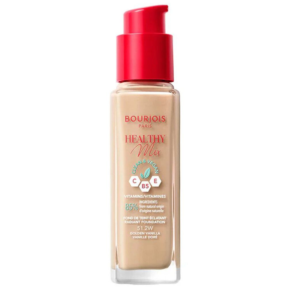 Bourjois Healthy Mix Foundation-Flakon. Beige Flüssigkeit, roter Pumpdeckel. Text auf dem Etikett.