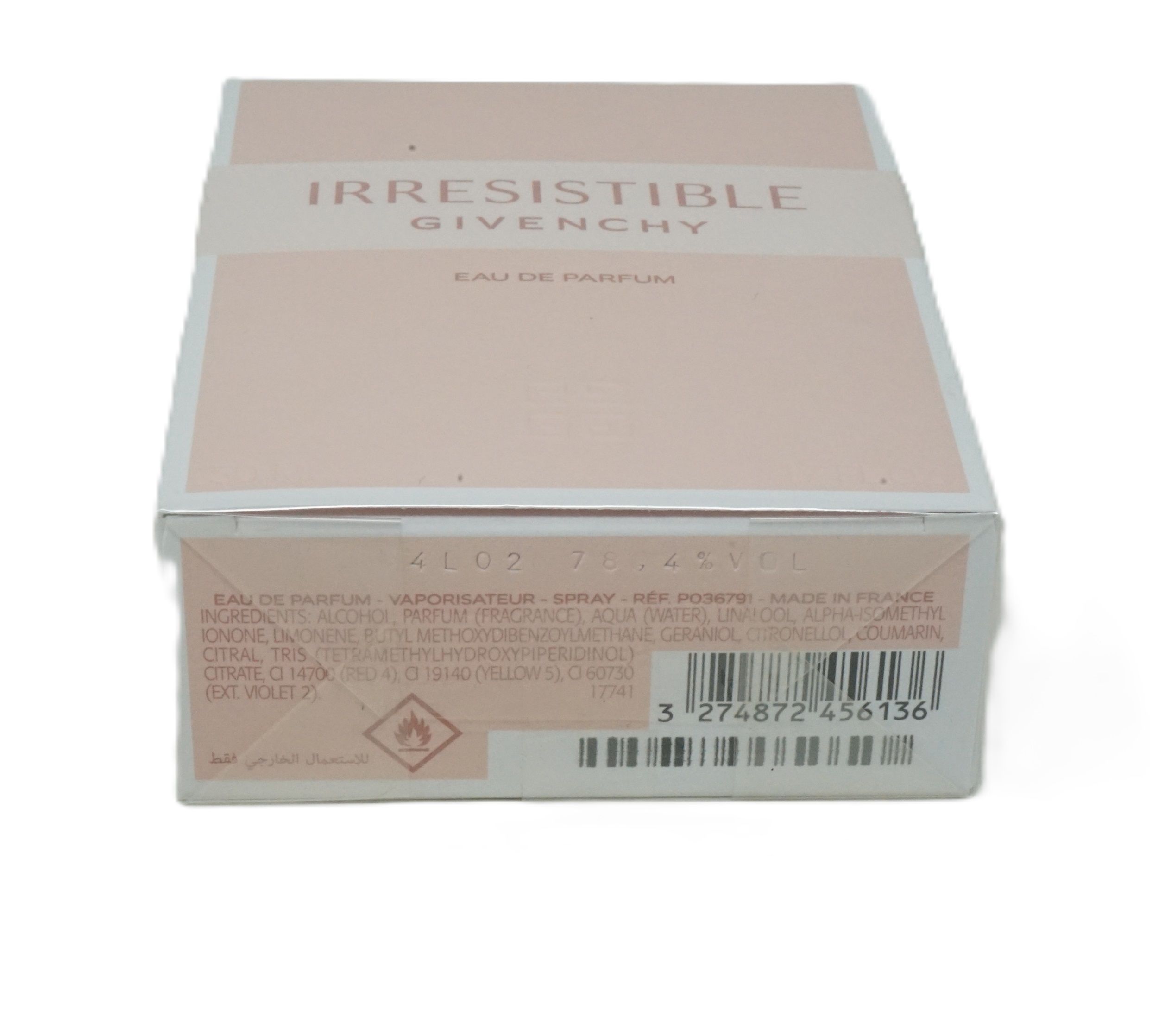 Givenchy Irresistible Eau de Parfum-Verpackung. Unterseite mit Inhaltsstoffen, Barcode und Warnsymbolen. "IRRESISTIBLE" und "GIVENCHY".