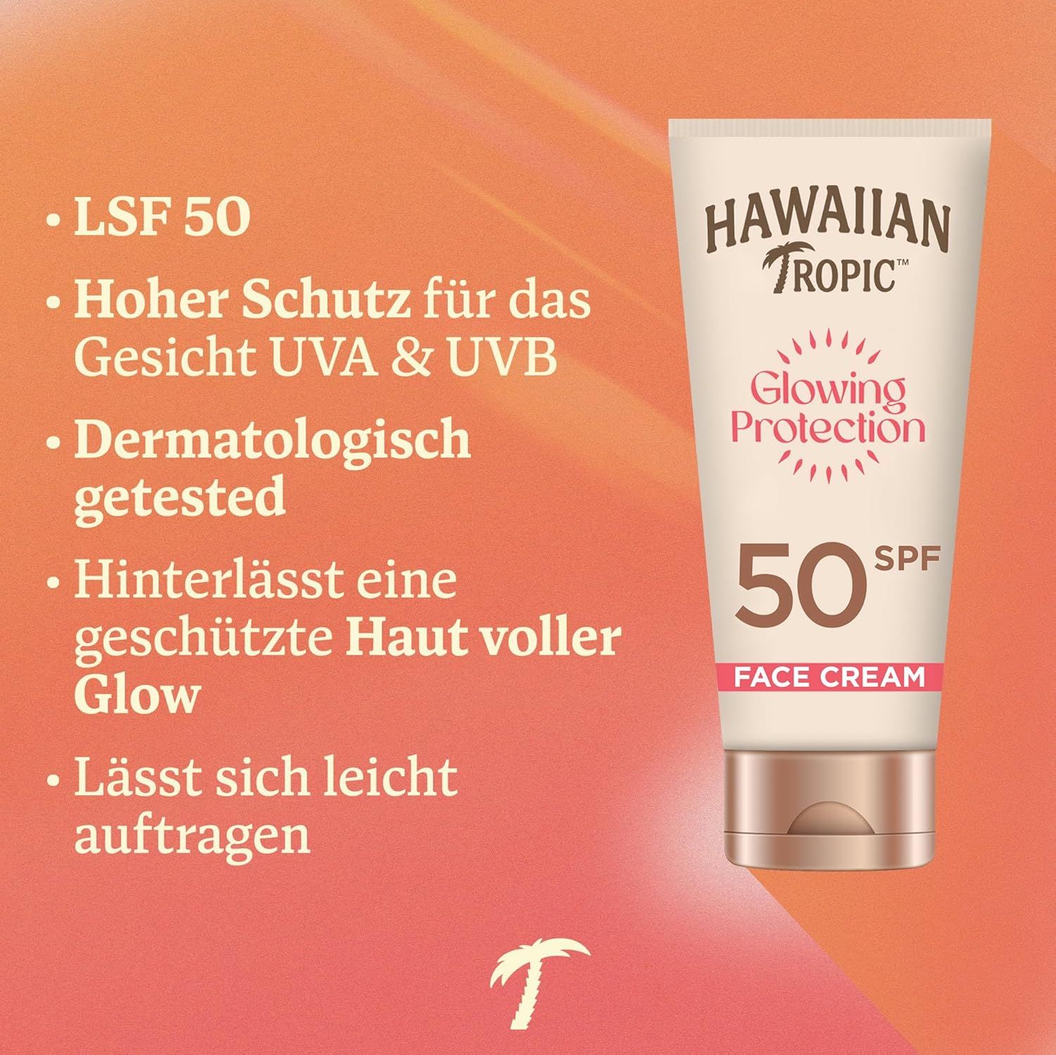 Sonnencreme-Tube. Marke: Hawaiian Tropic. LSF 50. Gesichtspflege. UVA/UVB. Dermatologisch getestet. Glow.