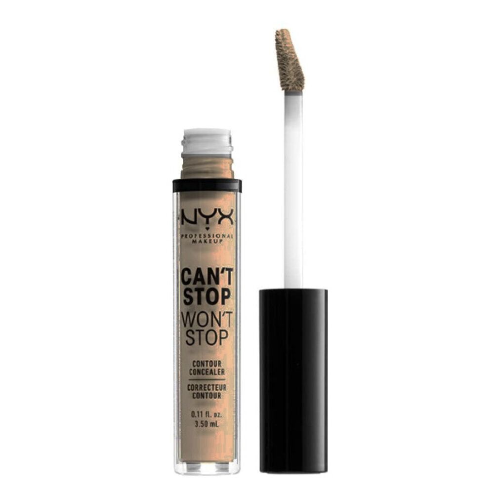 Flüssiger Concealer in einem transparenten Behälter mit schwarzem Applikator. Heller Beige-Farbton.