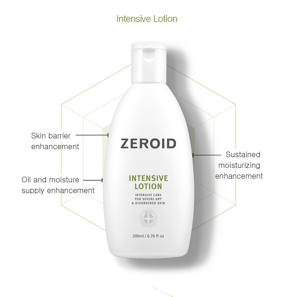 ZEROID Intensive Lotion Flasche mit Diagramm. Text: Intensive Lotion, 200ml/6.76 fl oz. Für trockene und gestörte Haut.