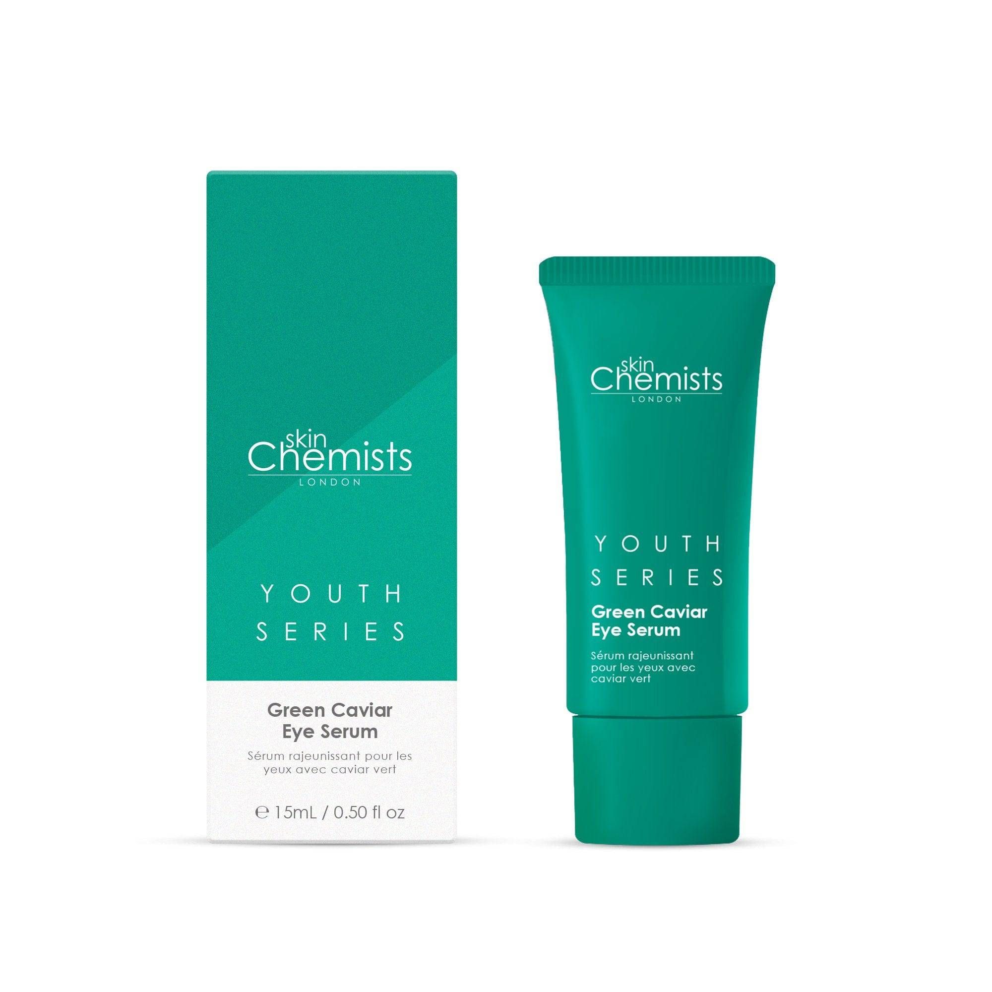 Grünes Tube und Schachtel. Aufschrift: skinChemists, Youth Series, Green Caviar Eye Serum. 15ml/0.50 fl oz.