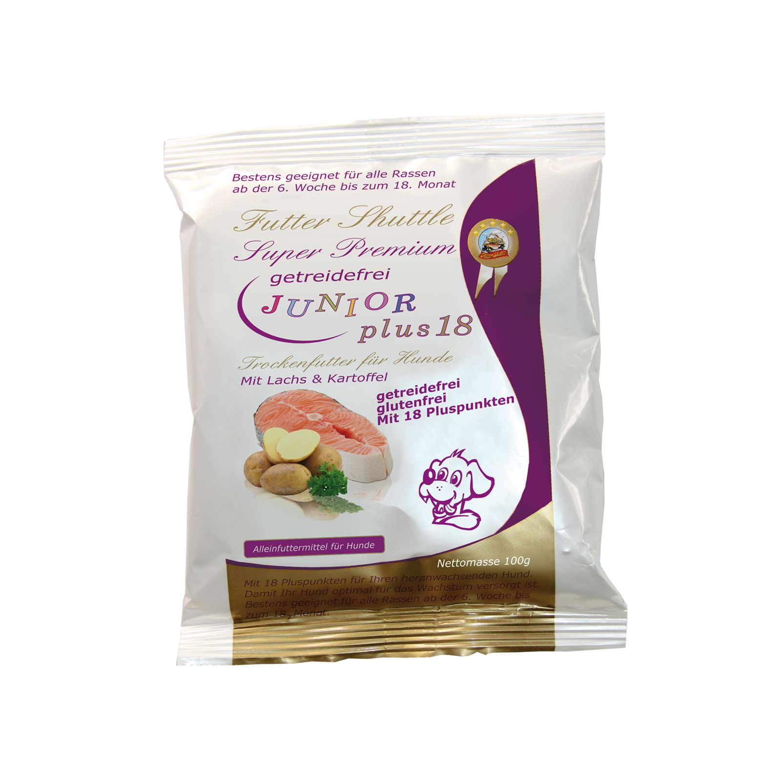 Beutel mit Trockenfutter für Welpen. Aufschrift: Junior Plus 18, getreidefrei. Abbildung von Lachs und Kartoffel.