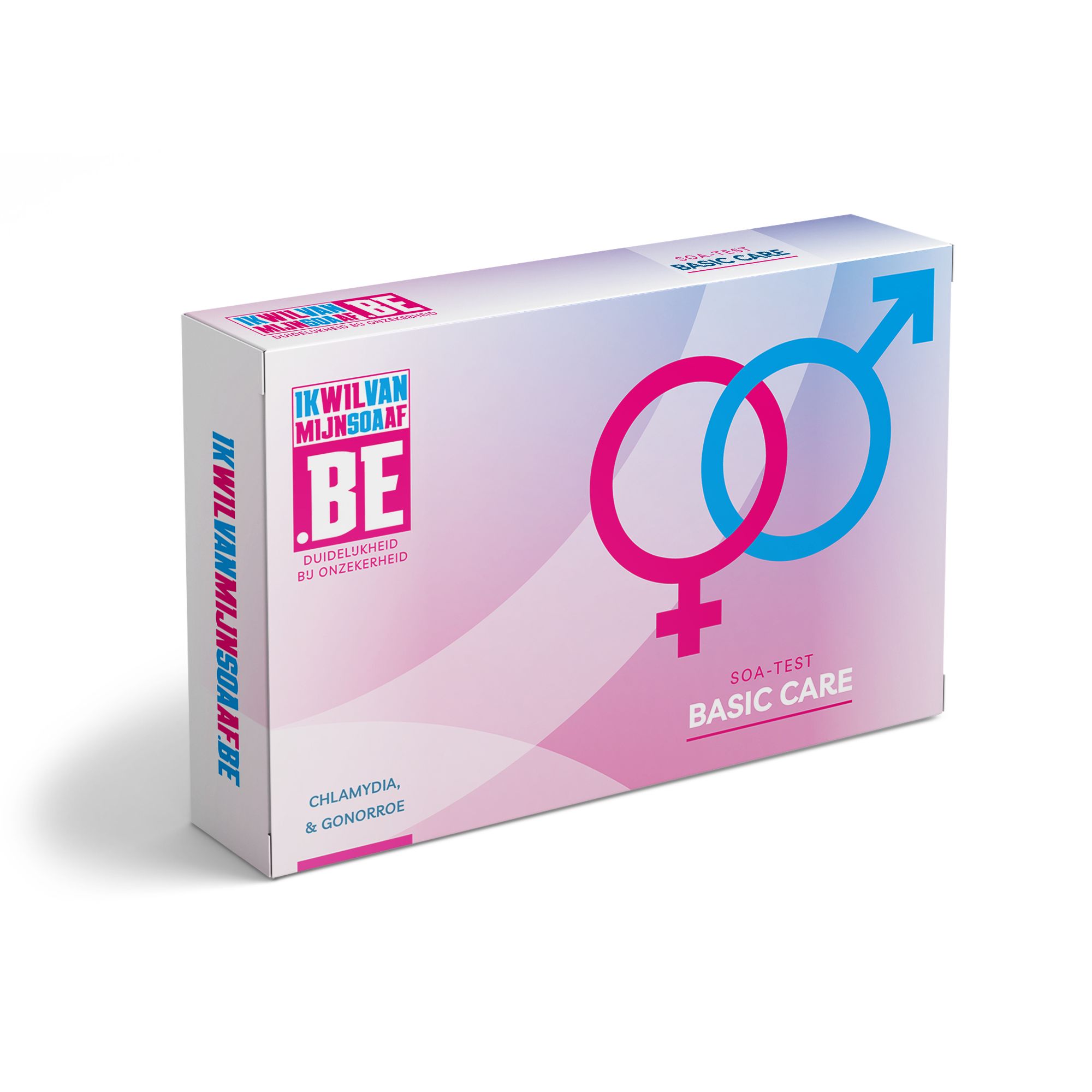 Verpackung mit rosa-blauem Design. Geschlechter-Symbole. Text: SOA-Test, Basic Care. Logo: IKWILVANMIJNSOAA.