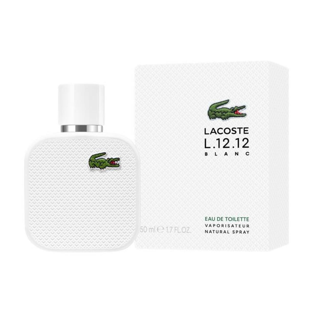 Weißer Flakon und Verpackung. Grünes Krokodil-Logo. Aufschrift Lacoste L.12.12 Blanc. Eau de Toilette.