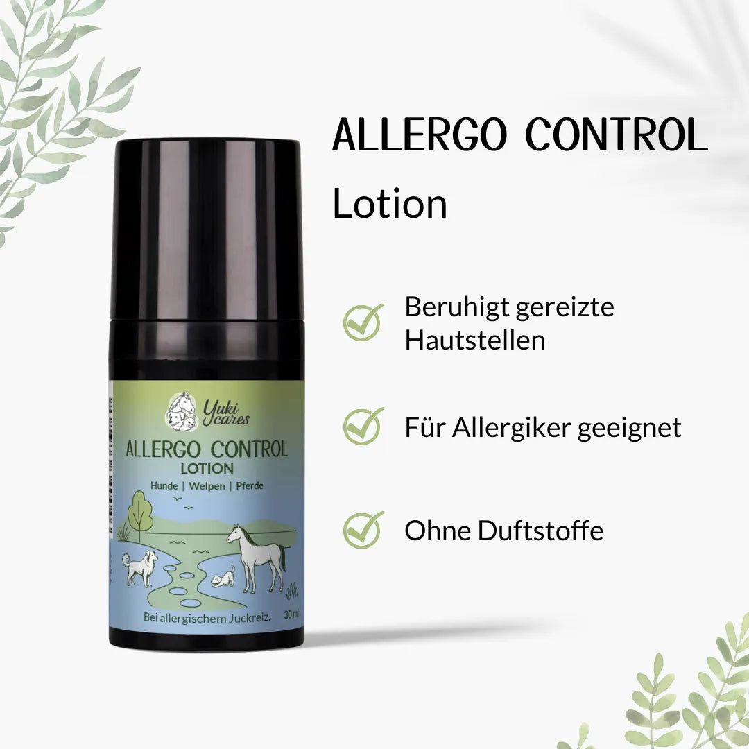 Lotion-Flasche mit schwarzem Deckel. Text: Allergo Control Lotion. Beruhigt gereizte Hautstellen. Für Allergiker geeignet. Ohne Duftstoffe.