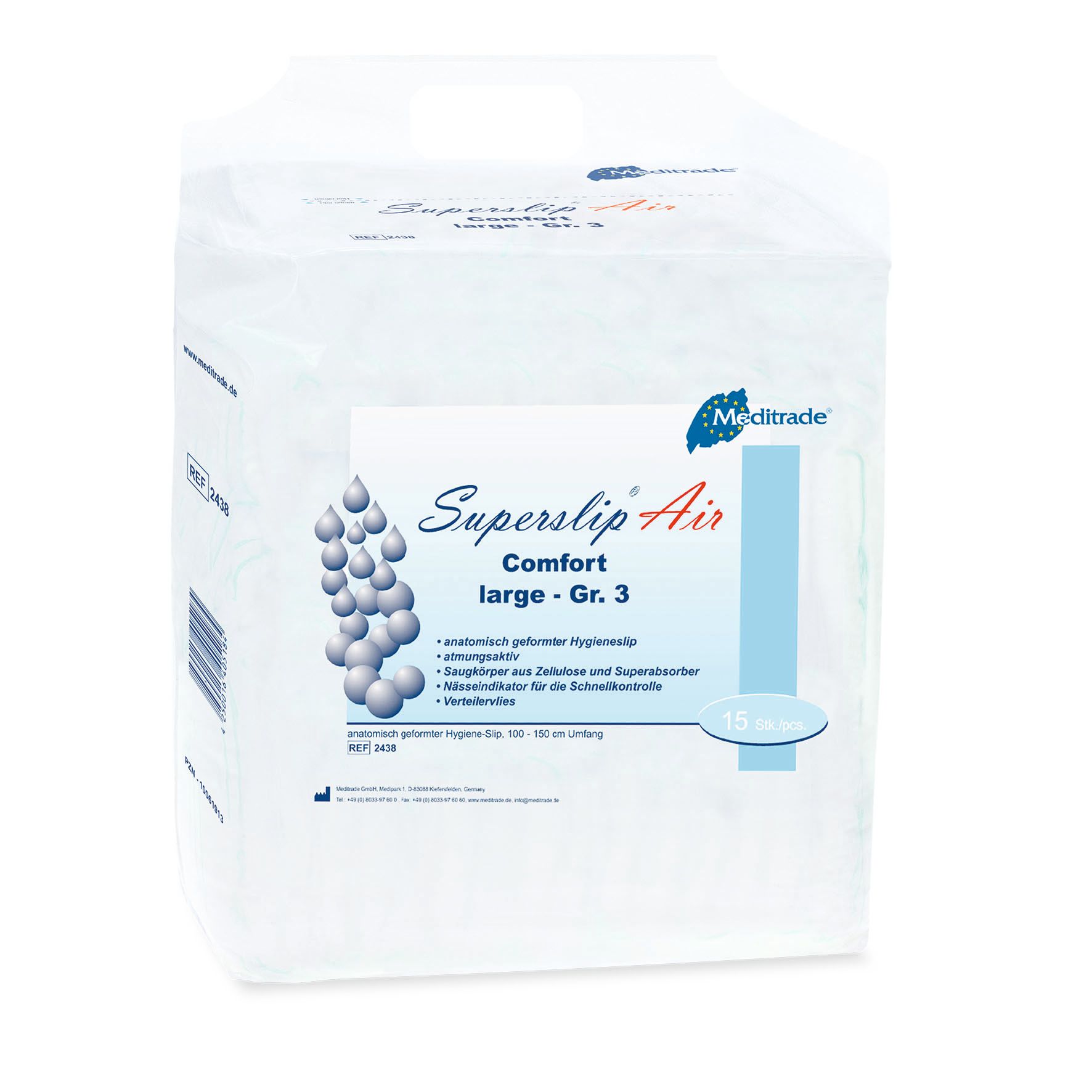 Weiße Verpackung mit Tragegriff. Aufschrift: Superslip Air, Comfort large - Gr. 3. Logo Meditrade. 15 Stück.