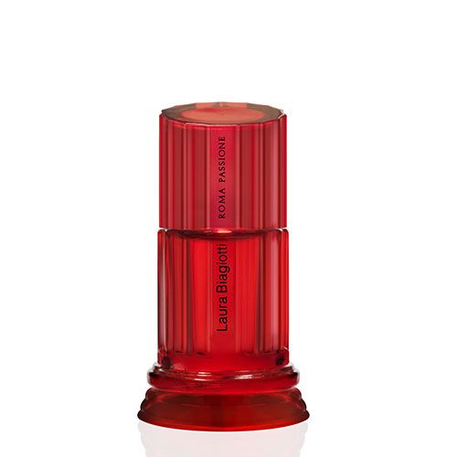 Roter Flakon. Schriftzug: Laura Biagiotti Roma Passione. Zylindrische Form mit geriffelter Kappe.