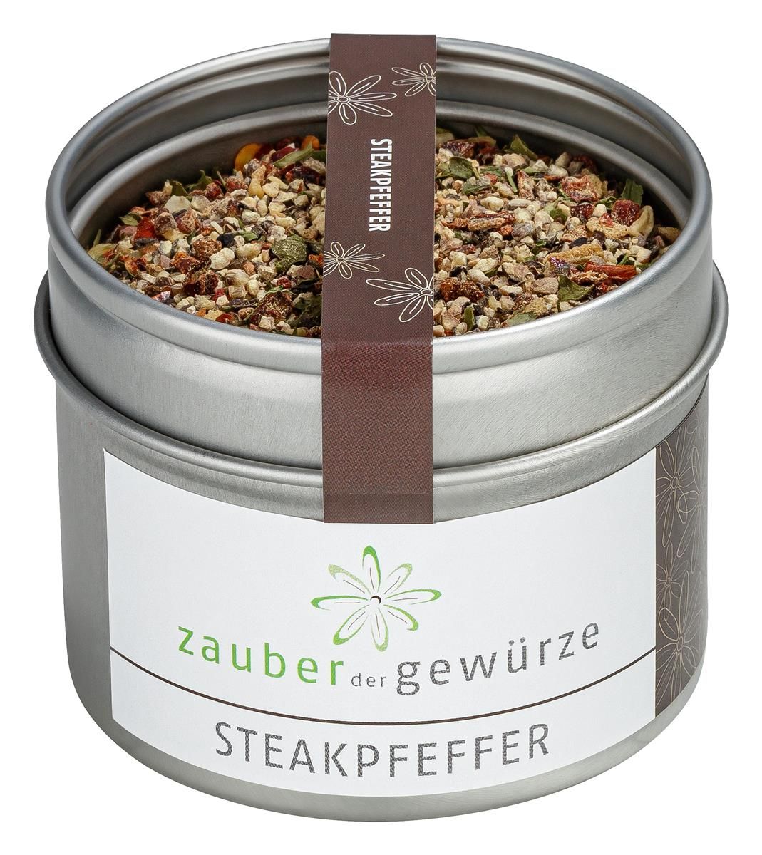 Runde Dose mit Steakpfeffer. Etikett mit "Zauber der Gewürze" und "Steakpfeffer". Brauner Streifen mit "Steakpfeffer".