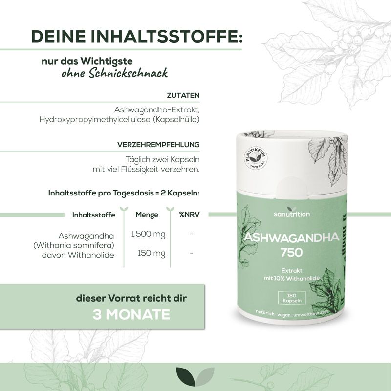 Produktverpackung Sanutrition Ashwagandha 750 neben Text. Text: Inhaltsstoffe, Dosierung, und "3 Monate Vorrat".