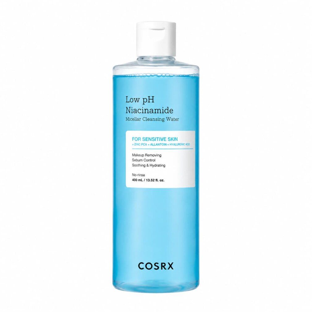 COSRX Low pH Niacinamide Micellar Cleansing Water Flasche mit blauem Inhalt und weißem Etikett.