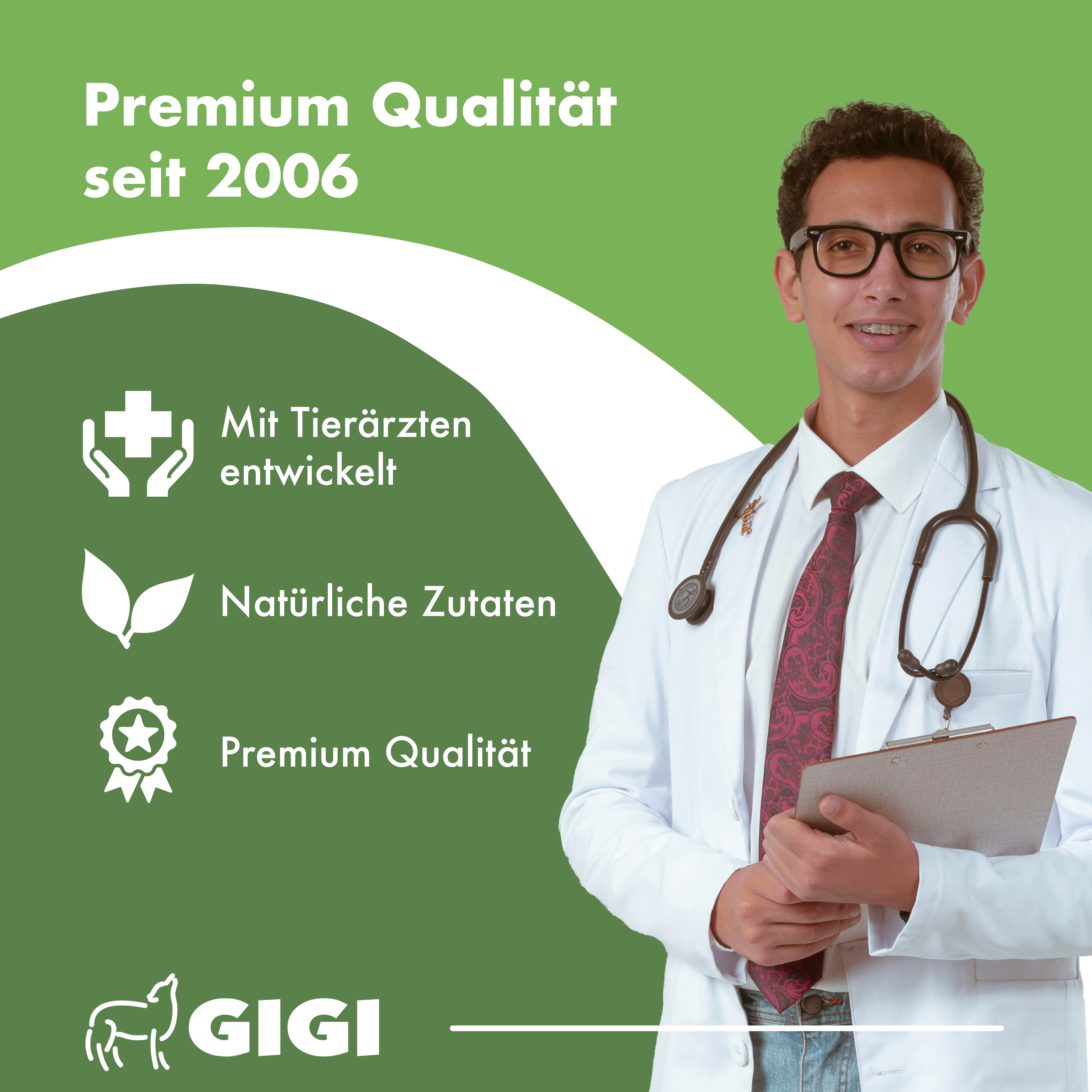 Arzt mit Stethoskop und Notizblock. Text: Premium Qualität seit 2006. Icons: Tierärzte, natürliche Zutaten, Premium Qualität.