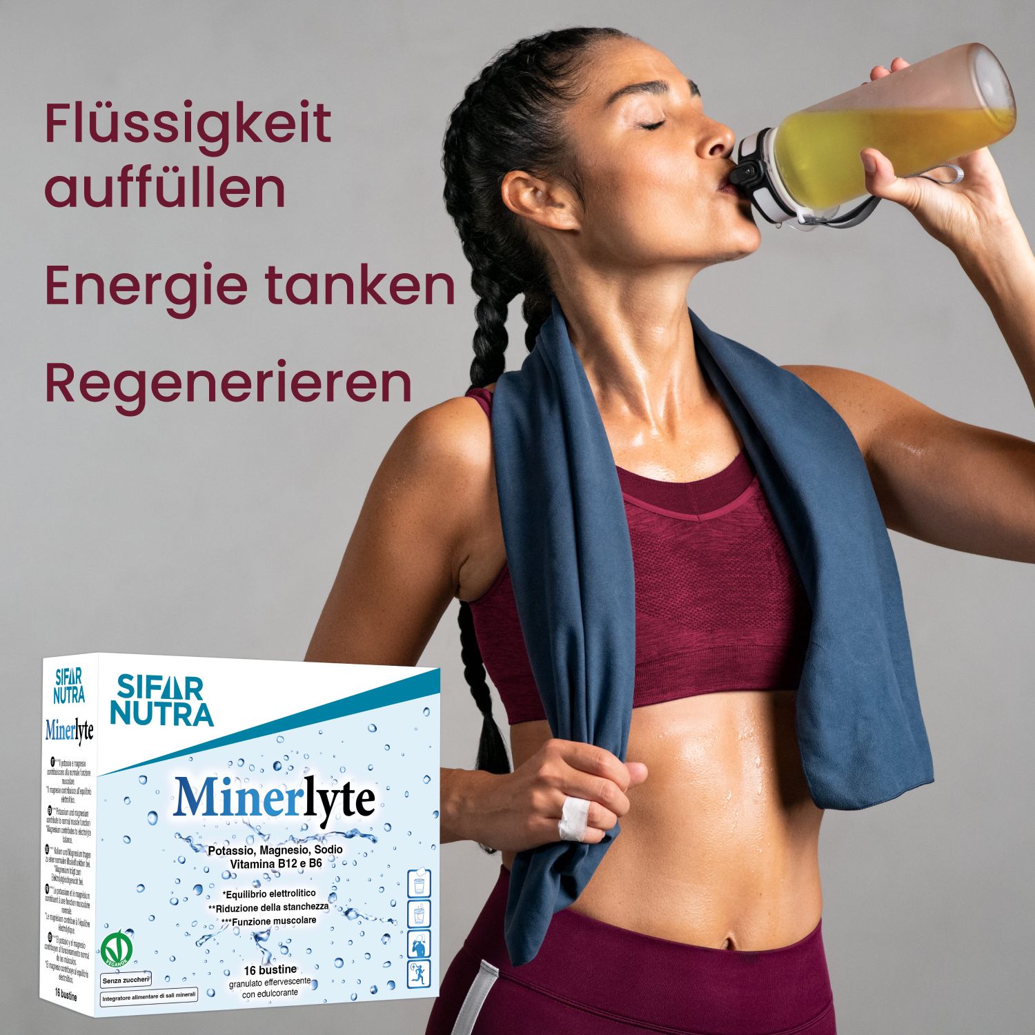 Frau trinkt aus einer Flasche, Sifar Nutra Minerlyte Verpackung daneben.