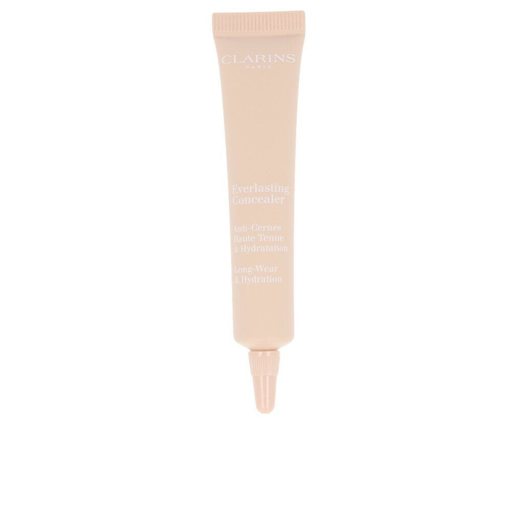 Beige Concealer-Tube. Aufschrift: CLARINS, Everlasting Concealer, Anti-Cernes, Haute Tenue & Hydratation, Long-Wear & Hydratation.