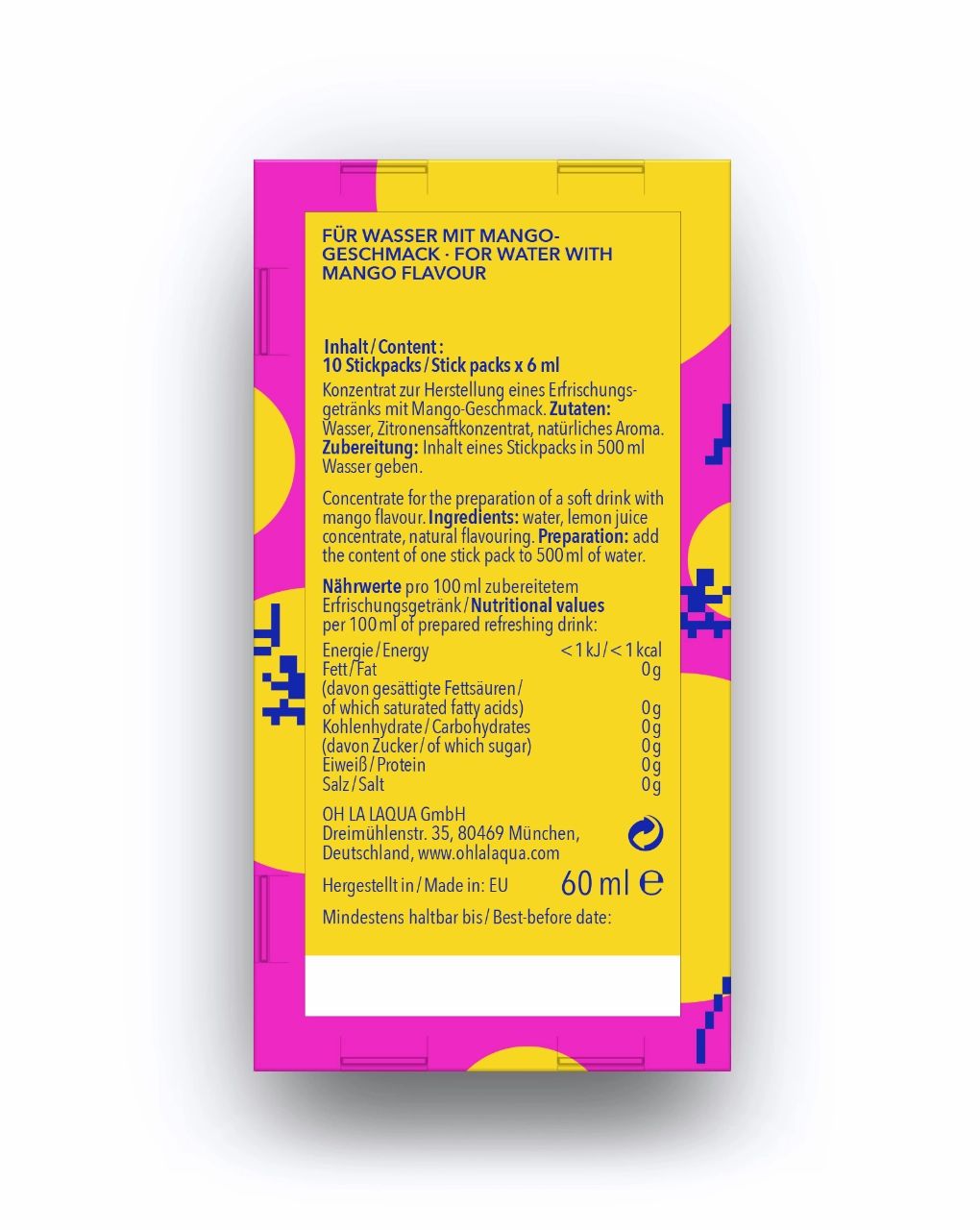 Rückseite der "Oh la laqua" Mango Verpackung. Gelber Hintergrund mit Text in Deutsch und Englisch. Enthält Nährwertangaben.