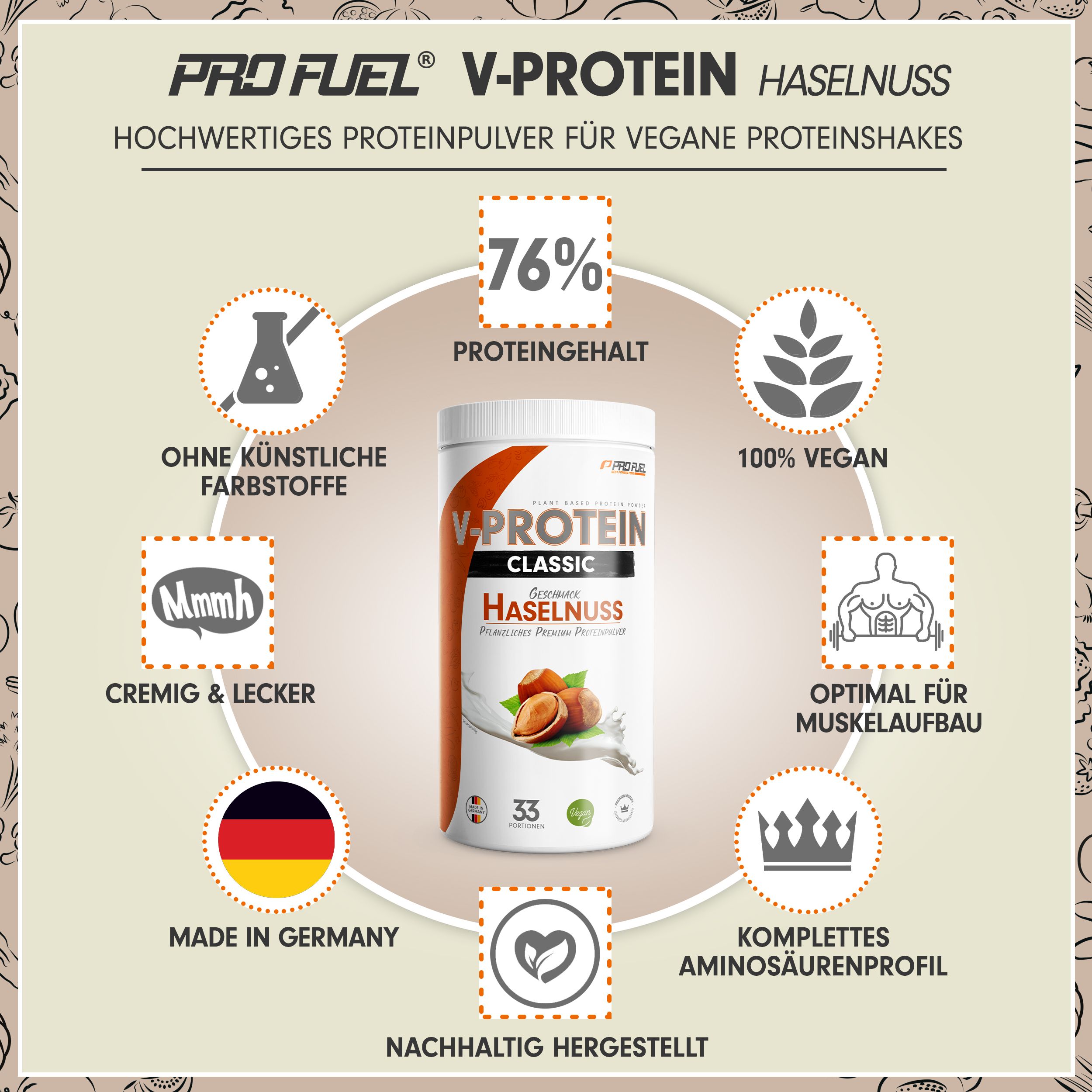 ProFuel - V-Protein Classic Haselnuss veganes Proteinpulver mit 76% Protein 1000 g Pulver