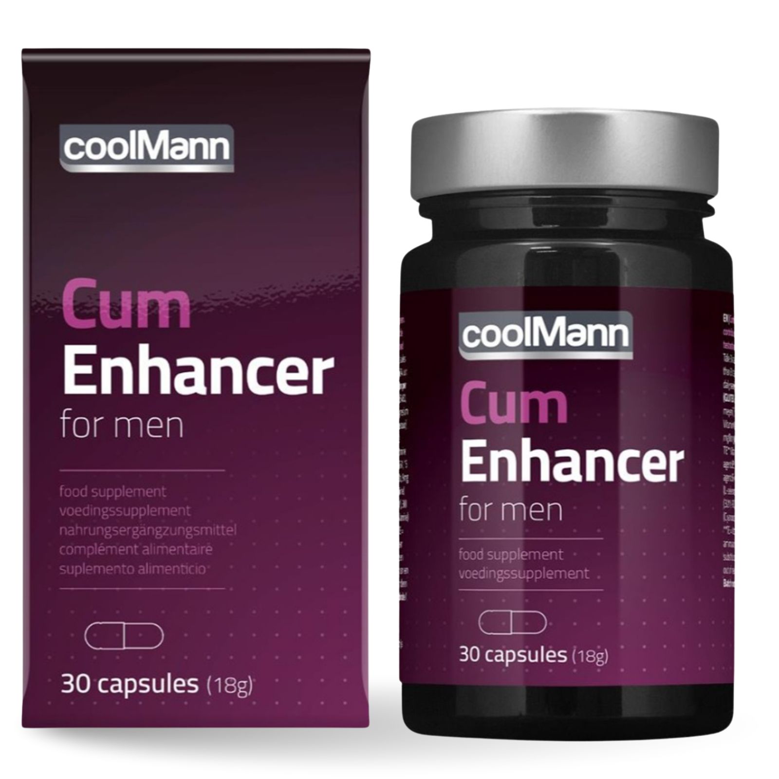Dunkelviolette Schachtel und Flasche mit "coolMann Cum Enhancer for men". 30 Kapseln. Flasche mit silbernem Deckel.